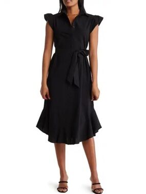 Black cotton Poplin Midi Dress Cap Sleeves Tie Waist